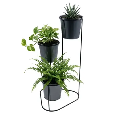 Suport pentru flori, din metal, negru, 3 ghivece, 24x22x47 cm
