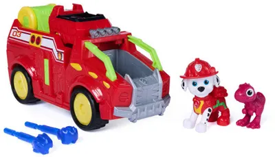 Set de joacă Spin Master Paw Patrol - The Dino Movie, mașina de pompieri cu Marshall și dinozaur