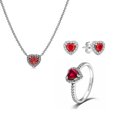 Set bijuterii Inel,Cercei si Colier Red Heart cu Argint