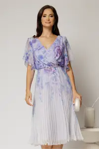 Rochie midi eleganta cu imprimeuri lila cu fusta clos plisata