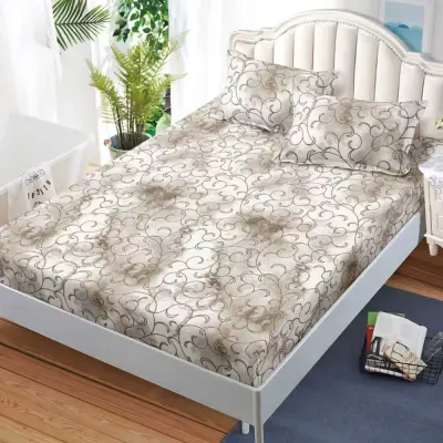 Cearsaf cu Elastic, Bumbac Satinat, 180x200 cm + 2 Fete de Perna 50x70 cm, Bej, abstract
