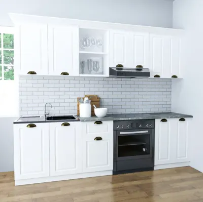 Set bucatarie SQUARE 240 cm, 5 corpuri, blat termorezistent, fronturi MDF, alb rustic