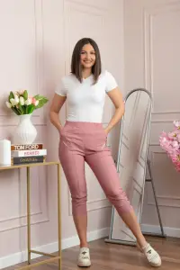 Pantaloni dama 3 4 Jenny roz pudrat cu talie elastica si fermoare decorative