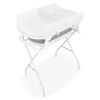 Cadita de baie pliabila Qmini Foldy Pro Care AlbGri, cu suport metalic si masuta de infasat, termometru electronic, dop si furtun pentru scurgere, antiderapanta, 80x49 cm