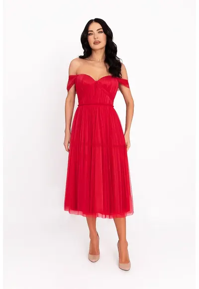 Rochie midi cu decolteu pe umeri - Rosu