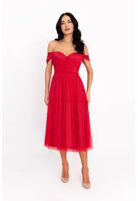 Rochie midi cu decolteu pe umeri - Rosu