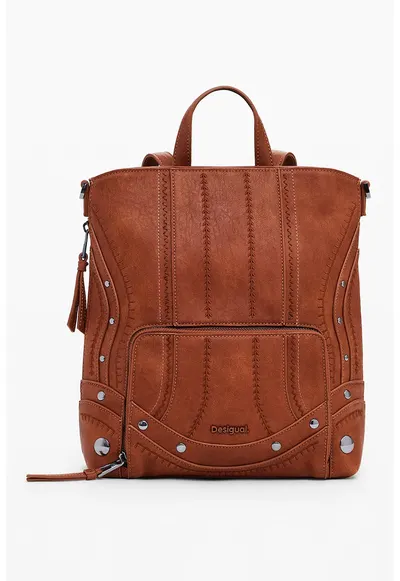Rucsac din piele ecologica cu detalii brodate - Caramel