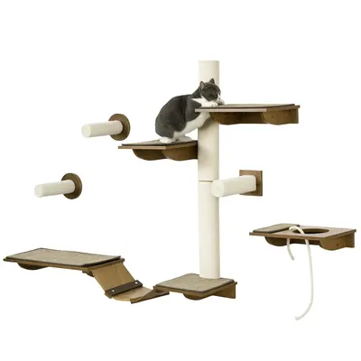 PawHut Set de trepte pentru pisici, perete de escaladare, 8 piese, până la 8 kg, rezistent, Maro/Crem | Aosom Romania