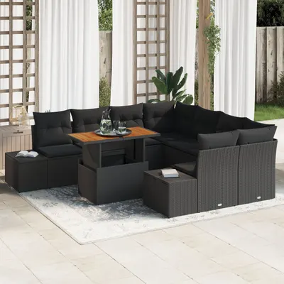 Gossi set de 9 piese de sofa de gradina cu pernute negru din ratan poly