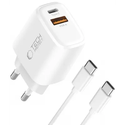 Incarcator Retea Cu Cablu USB-C Tech-Protect NCA20, 20W, 3A, 1 x USB-A - 1 x USB-C, Alb