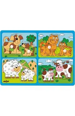 Puzzle din lemn cu butoni: Animale de companie si puii lor