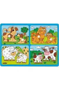 Puzzle din lemn cu butoni: Animale de companie si puii lor