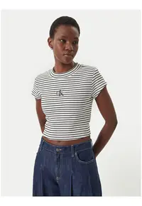 Tricou crop cu dungi si monograma discreta