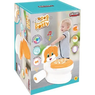 Olita educationala muzicala Pilsan Puppy cu baza antialunecare,suport hartie igienica si vas colectare detasabil,design ergonomic,cutie muzicala iluminata cu efect de sunet sifon