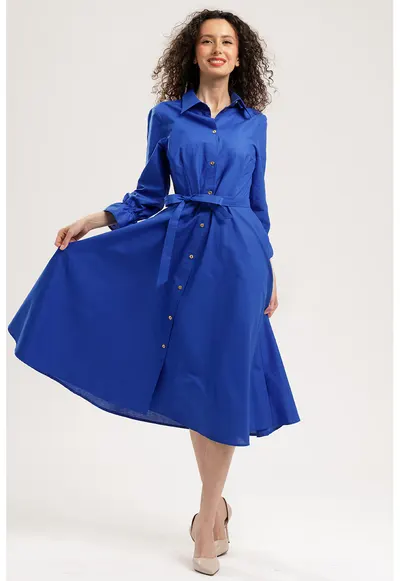 Rochie-camasa midi de bumbac - Albastru royal