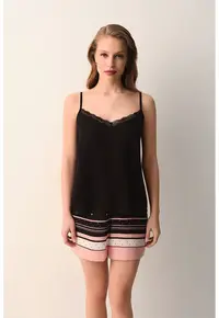 Top cu model monograma si pantaloni scurti de pijama - Alb/Negru/Roz