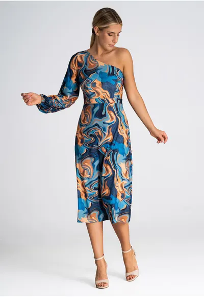 Rochie model abstract - cu un singur umar - cu maneci lungi - multicolor - poliester