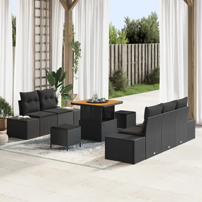 Set de canapea de gradina Gossi 8 piese cu perne negru ratan poly acacia, canapea de gradina Gossi cu 2 locuri si perne negru ratan poly, set de dining gradina Gossi 3 piese cu perne negru ratan poly acacia