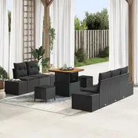 Set de canapea de gradina Gossi 8 piese cu perne negru ratan poly acacia, canapea de gradina Gossi cu 2 locuri si perne negru ratan poly, set de dining gradina Gossi 3 piese cu perne negru ratan poly acacia