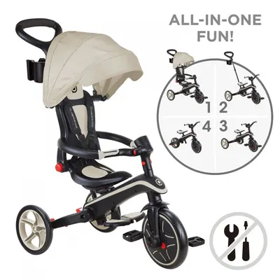 Tricicleta pentru copii Globber Explorer Bej 4 in 1 pliabila, maner pentru controlul directiei, scaun ajustabil pe inaltime, suport pentru picioare, roti din cauciuc Eva, sistem roata libera, de la 10 luni