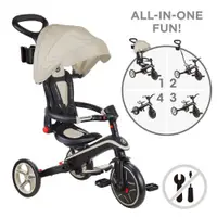 Tricicleta pentru copii Globber Explorer Bej 4 in 1 pliabila, maner pentru controlul directiei, scaun ajustabil pe inaltime, suport pentru picioare, roti din cauciuc Eva, sistem roata libera, de la 10 luni