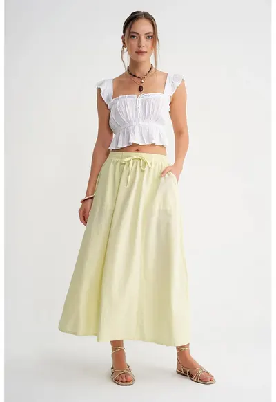 Fusta poplin - talie inalta - galben lamaie - textil