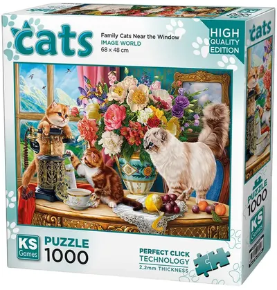 Puzzle KS Games din 1000 piese - Familie de pisici lângă fereastră