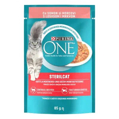 PURINA ONE STERILCAT, mini fileuri cu Somon si Morcov in sos, 85 g