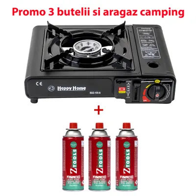 Pachet promo - Aragaz camping, aprindere automata, negru, AD-1 + 3 butelii 410ml / SET 30059 Engros