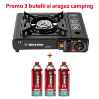 Pachet promo - Aragaz camping, aprindere automata, negru, AD-1 + 3 butelii 410ml / SET 30059 Engros