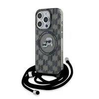 Husa MagSafe pentru Apple iPhone 15 Pro, Karl Lagerfeld, IML Crossbody Monogram Karl & Choupette's Heads, Neagra