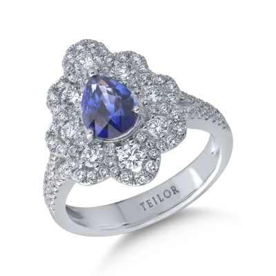 Inel din aur alb cu safir pear de 1.4ct si diamante de 0.9ct