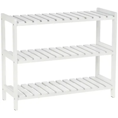 HOMCOM Etajeră pentru încălțăminte, suport pentru pantofi 3 niveluri, rafturi cu lamele, din lemn de pin, 70 x 26 x 57,5 cm, alb | Aosom Romania