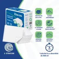 Set 30 aleze absorbante de unica folosinta Davas 60x90 cm, 5 straturi, benzi adezive, dispersie uniforma, transforma rapid lichidul in gel