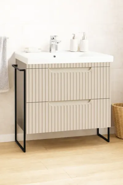Set Baza front MDF si Lavoar seria 733, cadru metalic, cu sertare, montata, 80 cm, crem