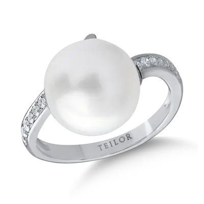 Inel din aur alb cu diamante de 0.24ct si perla de cultura