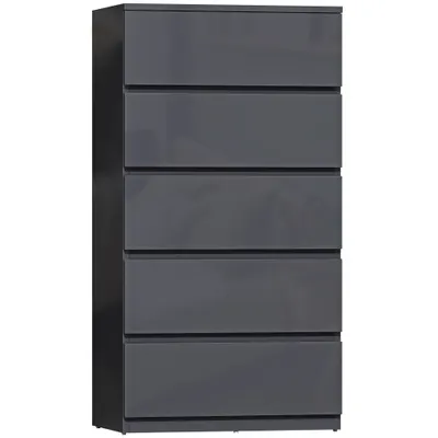 HOMCOM Comodă cu 5 sertare, mobilier de depozitare cu finisaj foarte lucios, închidere amortizată și silențioasă, 53 x 34 x 100 cm, gri | Aosom Romania