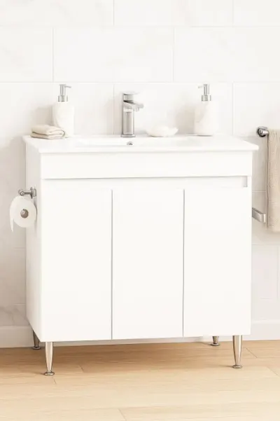 Set Baza front MDF si Lavoar seria 386, montat, 80 cm, alb