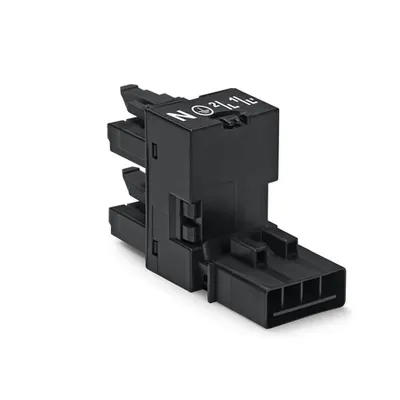 h-distribution connector; 4-pole; Cod. A; 1 input; 2 outputs; outputs on one side; 2 locking levers; black