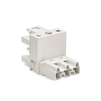 h-distribution connector; 3-pole; Cod. A; 1 input; 2 outputs; outputs on one side; 2 locking levers; white
