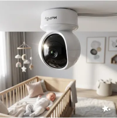 Video monitor HD pentru supraveghere bebe Malplay NannyEye, ecran LCD color camera rotativa, zoom digital, senzor de temperatura, vedere nocturna, cu melodii, semnal pana la 300 m
