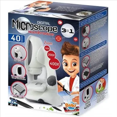 Microscop set 3 in 1 pentru copii, zoom 400x, LED dual, webcam, USB, adaptor smartphone, 8ani+, BUKI France BKMR700