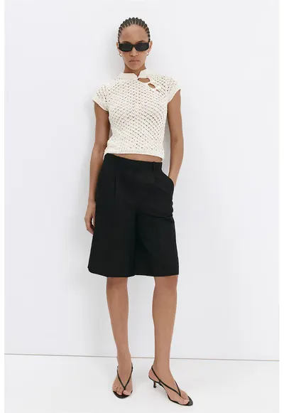 Pulover crop din tricot cu perforatii - Alb murdar