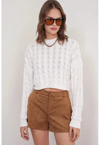 Pulover dama - cu guler rotund - tricot - alb - One Size