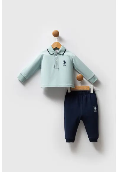 Set de bluza polo din bumbac si pantaloni de trening relaxed-fit - 2 piese - Verde pal/Bleumarin