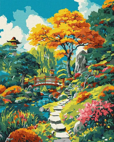 Set pentru pictură după numere Ideyka - Curte japoneză toamna, 40 x 50 cm