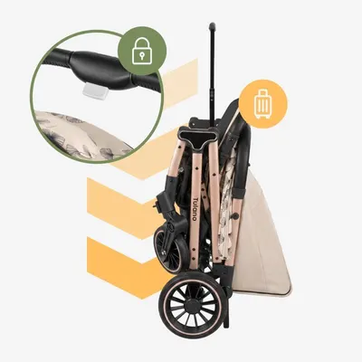 Carucior sport copii Tulano Lagos 35 Beige Gold cu pliere compacta tip troller,husa picioare impermeabila si suport pahar incluse,roti pivotante cu suspensii integrate,parasolar XXL,greutate admisa 15 kg