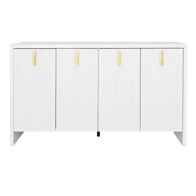 Comodă Modernă Minimalistă cu Mânere Aurii și Rafturi Reglabile, 140x38x80 cm - Perfectă pentru Bucătărie și Living, Albă