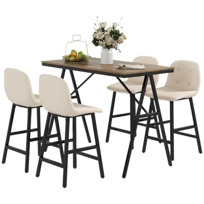 HOMCOM Set de bar format din 5 piese, masă și 4 scaune, tapițerie cu buton, spumă groasă, design cu aspect de in, bej | Aosom Romania