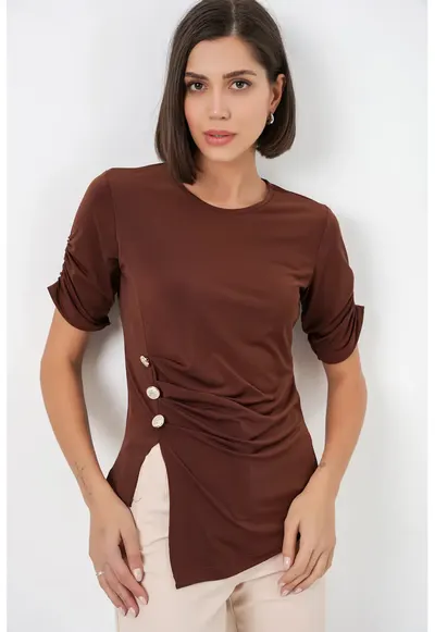 Tricou dama - Maro inchis - Guler rotund - Nasturi